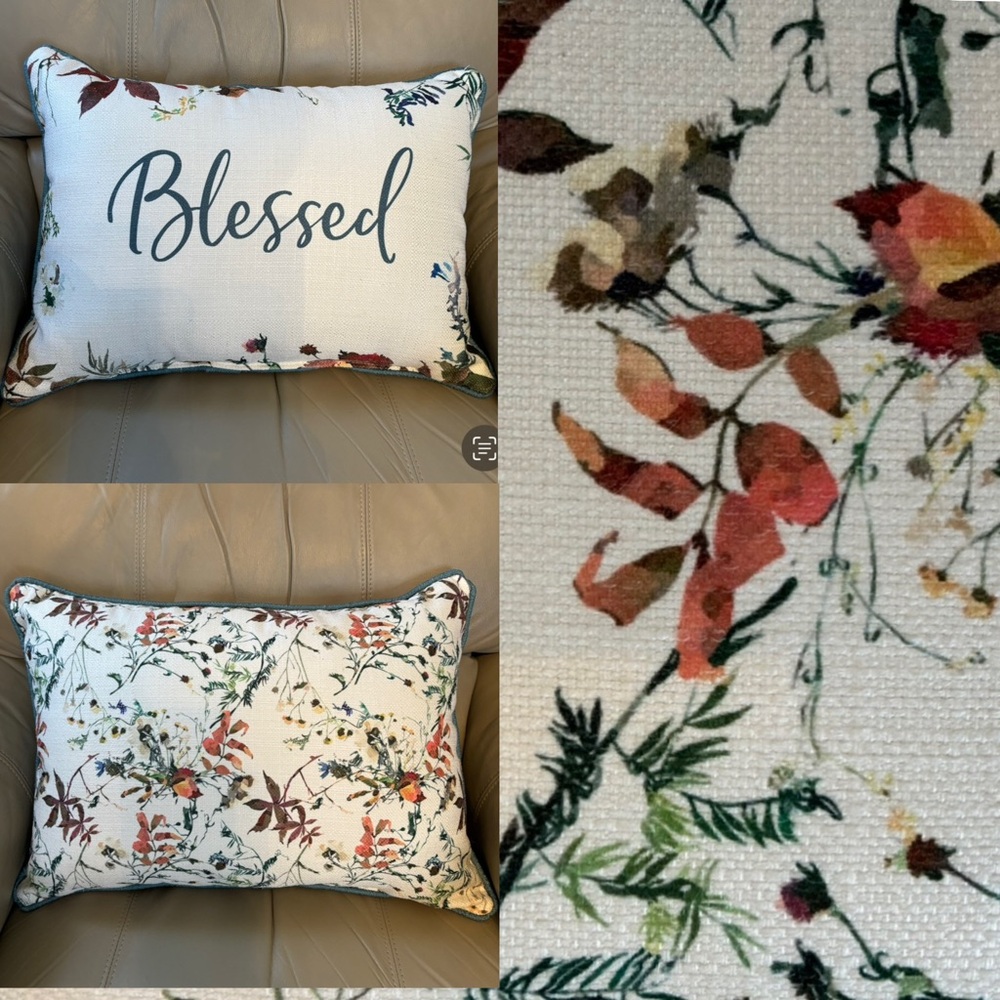 “Blest” floral rectangle lumbar cushion pillow cream rust green piping Like New